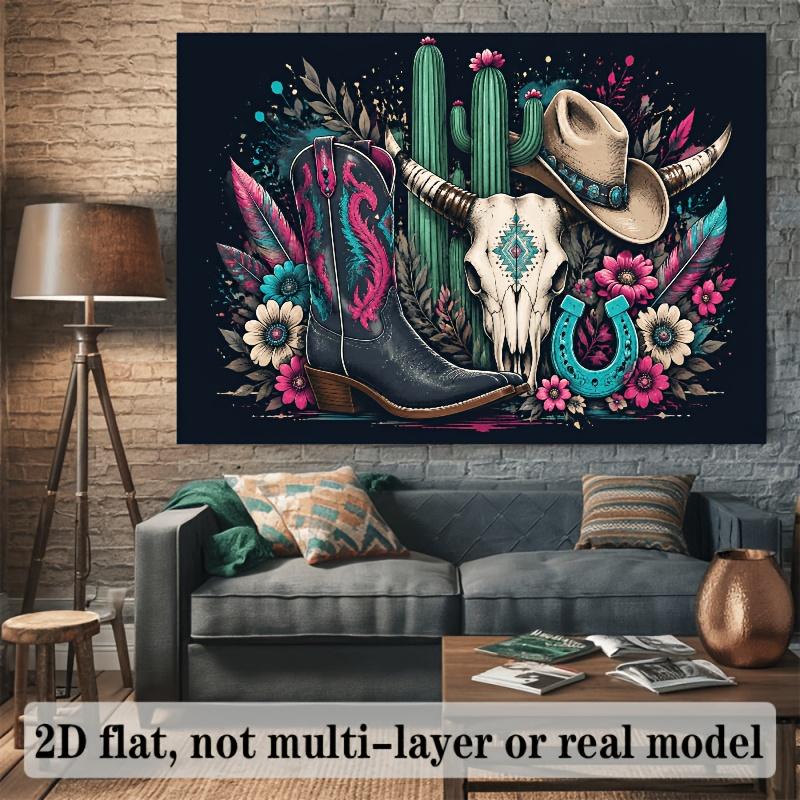 2D flag - Western cowboy style banner background, featuring cowboy boots, cow skull, and cowboy hatDJH