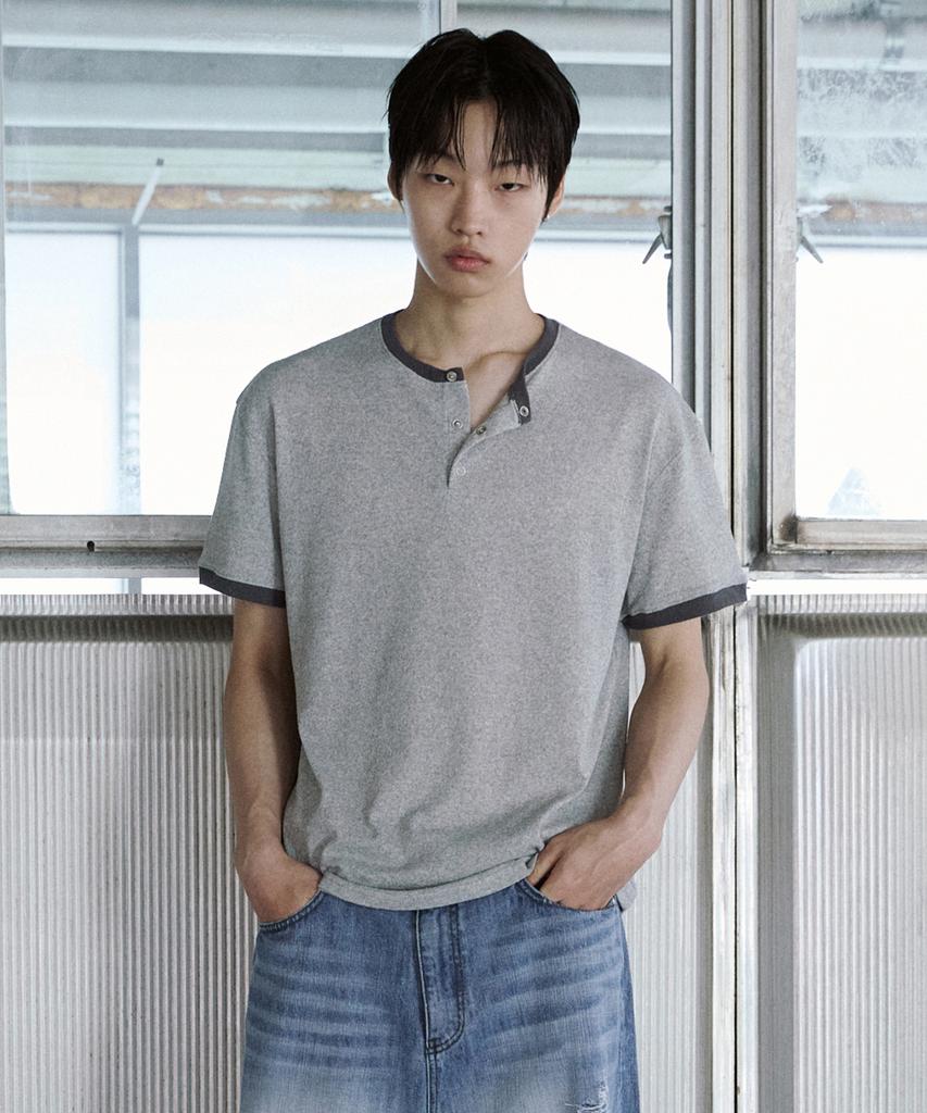 P.IN.O Snap Henley Neck Short Sleeve T-Shirt - Melange Grey