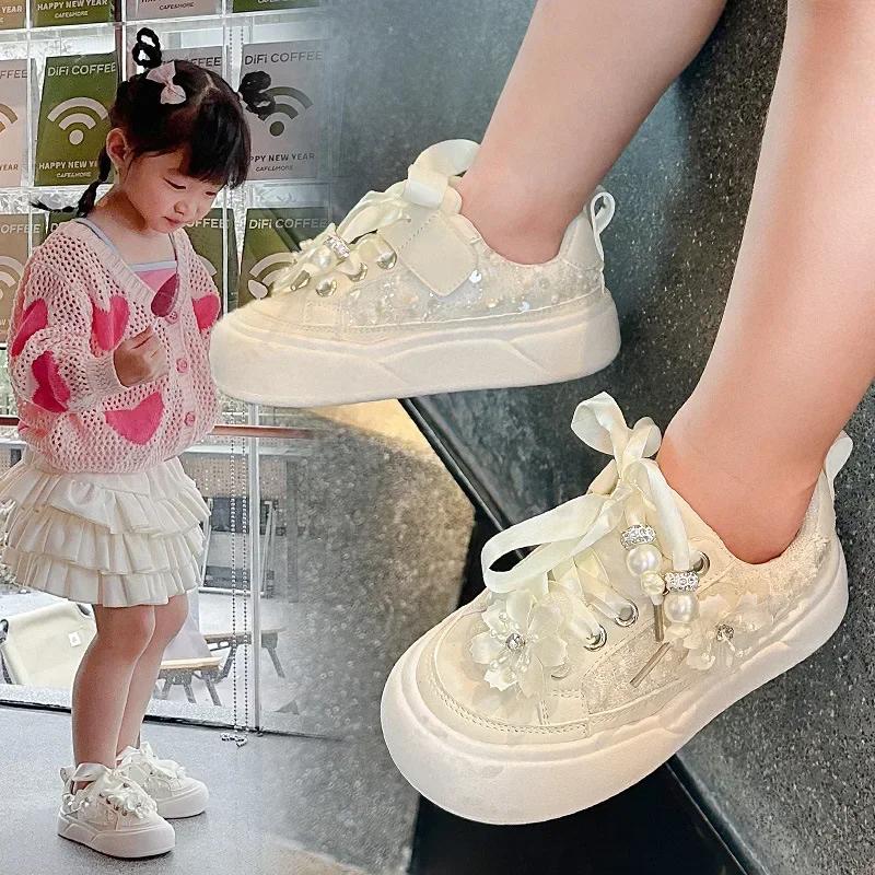 Girls Sports Shoes Chinese Style Kids Casual Shoes with Sweet Flowers 2024 Autumn New Girls Princess Shoes with Cute Ribbon Bow