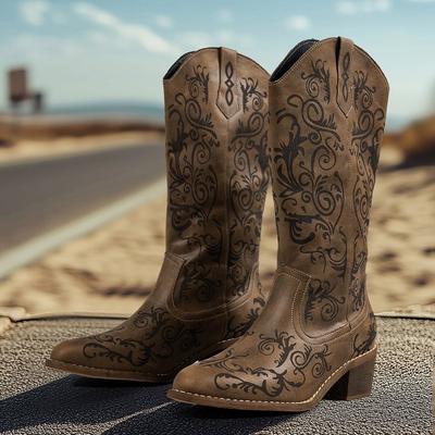 2025 Женские однотонные туфли на танкетке с педалью, вышитые высокие ботинки, трендовые высокие ботинки, женские ботинки до колена с острым носком 326