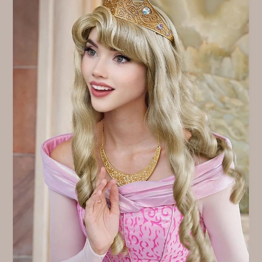 26inch Princess Curly Wavy Long Brown Sleeping Beauty Aurora Cosplay Wig for Halloween Christmas School Thanksgiving Day
