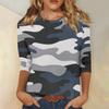 Женская модная повседневная футболка с круглым вырезом и камуфляжным принтом, семь рукавов