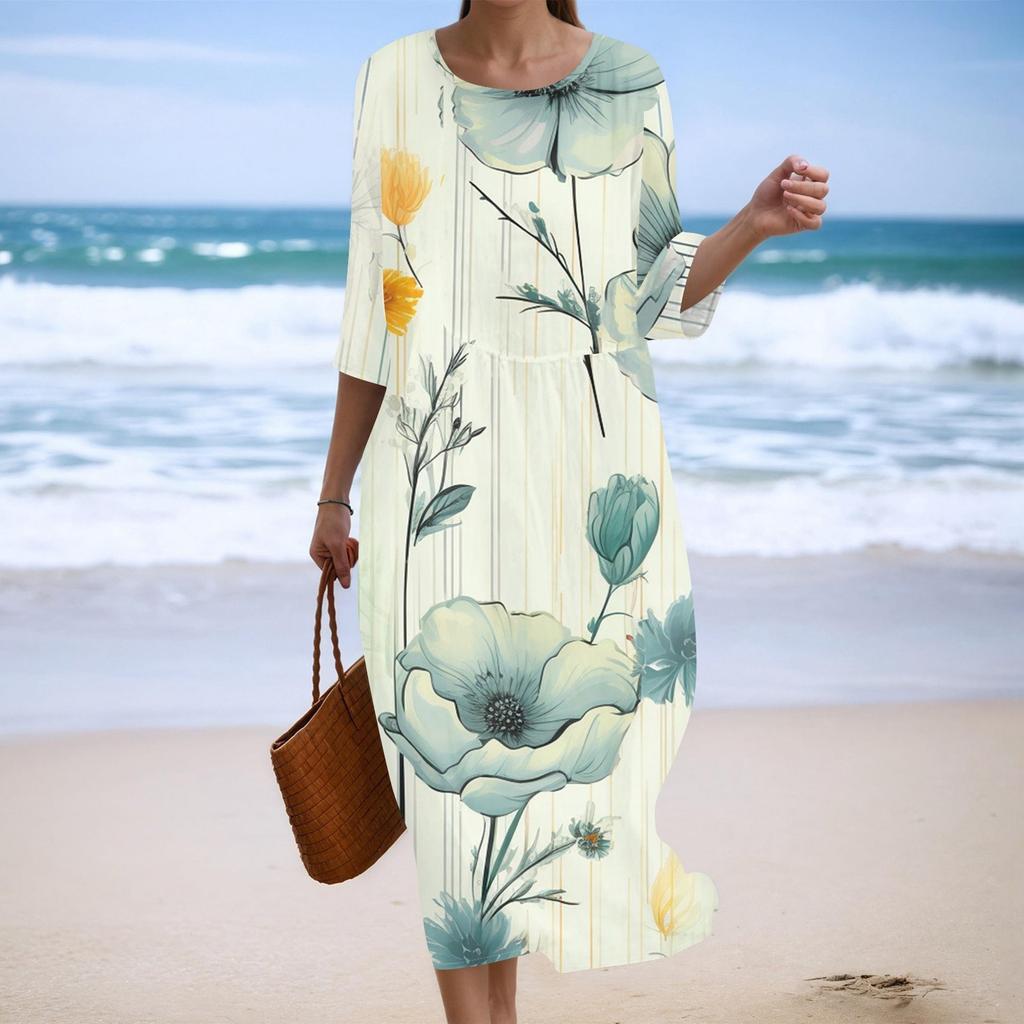 Женское модное платье свободного кроя с принтом, круглым вырезом и рукавом три четверти