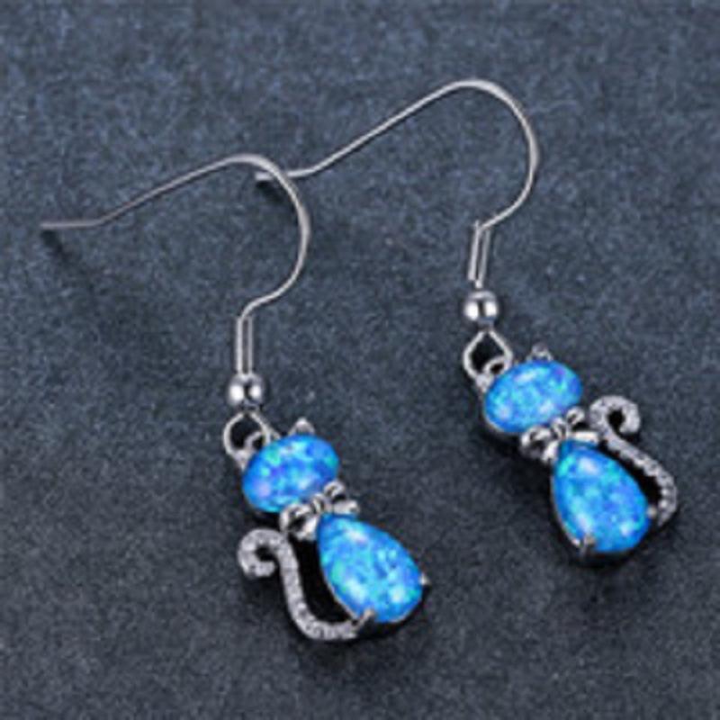 Wish White Gold Rose Gold Blue and White Opal White Diamond Cat Bow Earrings Versatile Ear Hook