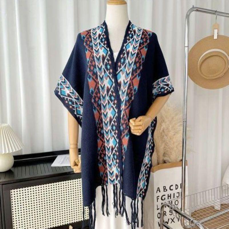 Свитер-плащ осенне-зимняя накидка для женской верхней одежды в полоску вязанной вязки