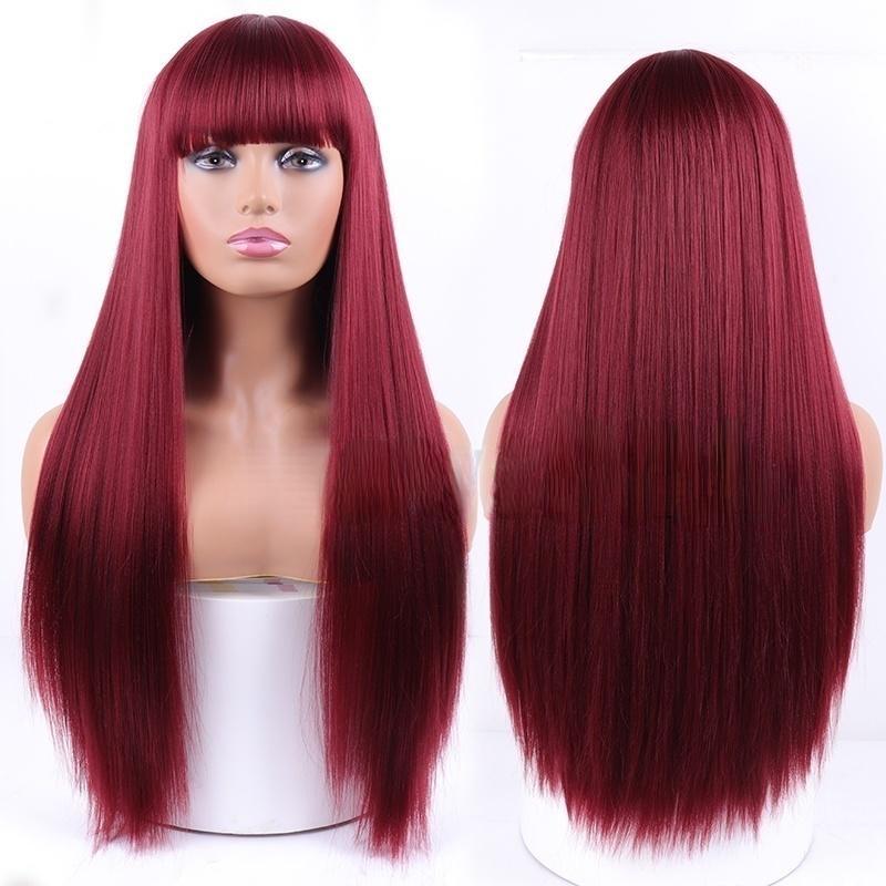 MERISIHAIR Long Straight Wig with Bangs Synthetic Fiber Long Straight Black Brown Red Wine Pink Color Wig