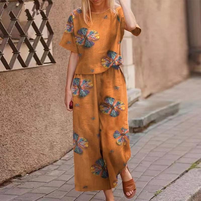Floral Print Outfits Womens Half Sleeve Shirt and Pants Summer Two Piece Suit Set