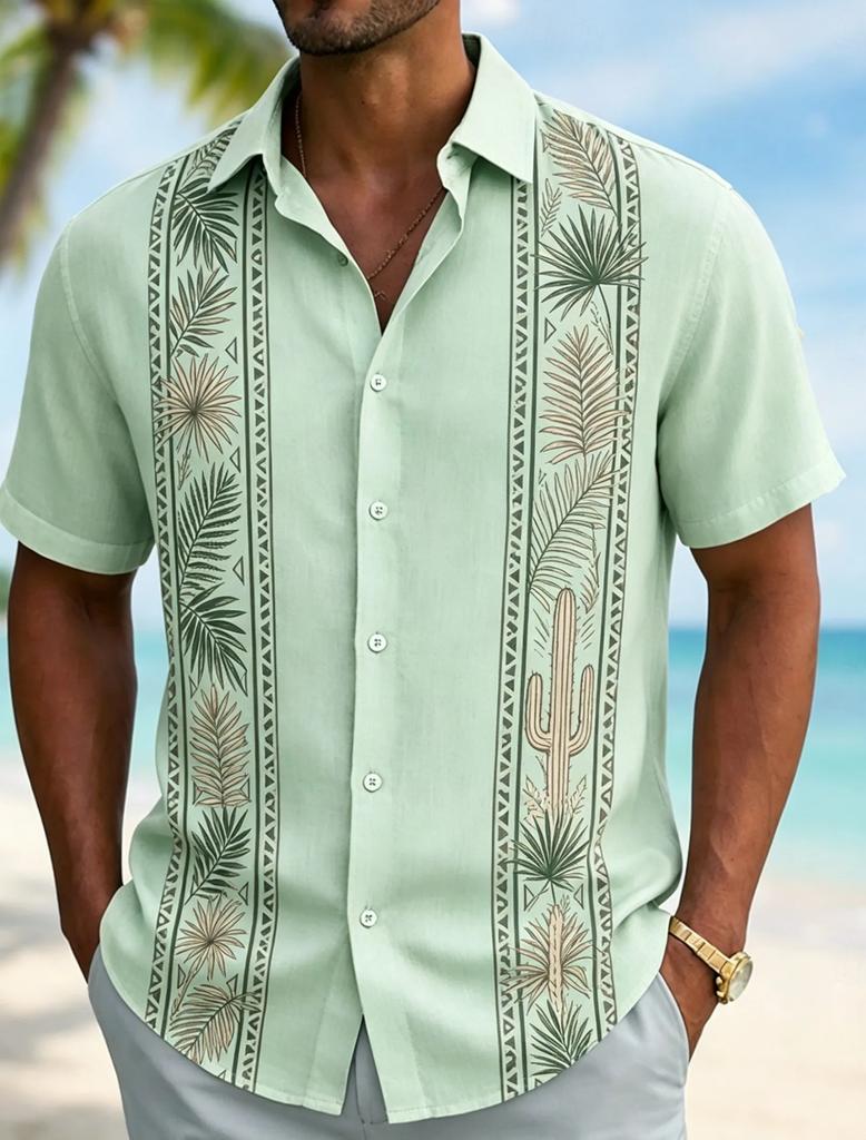 Летний must-have! Рубашка с коротким рукавом в tribal-стиле, легкая смесовая ткань с льном