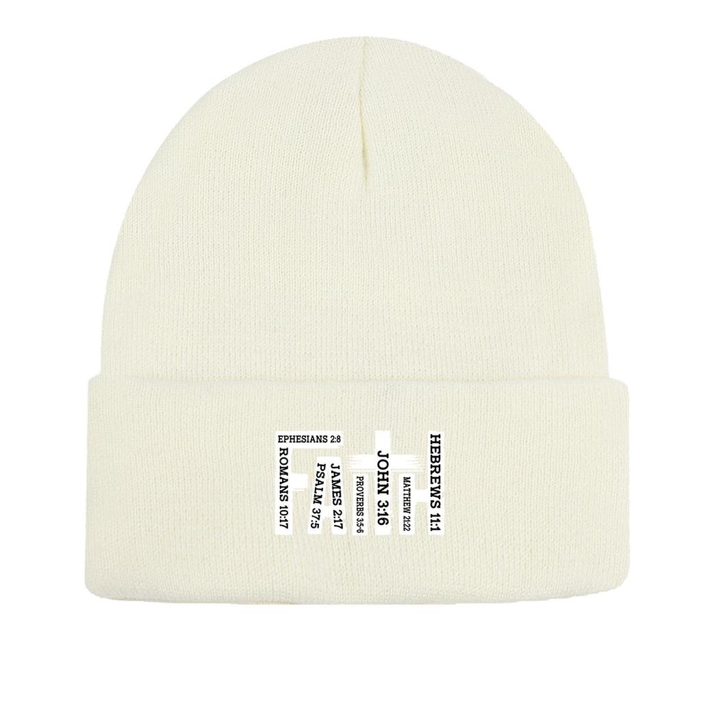 White "FAITH" Cross Winter Knitted Hat Beanie, Woman Cap Cuff Thermal Solid Color Headwear Knit Hat Beanie