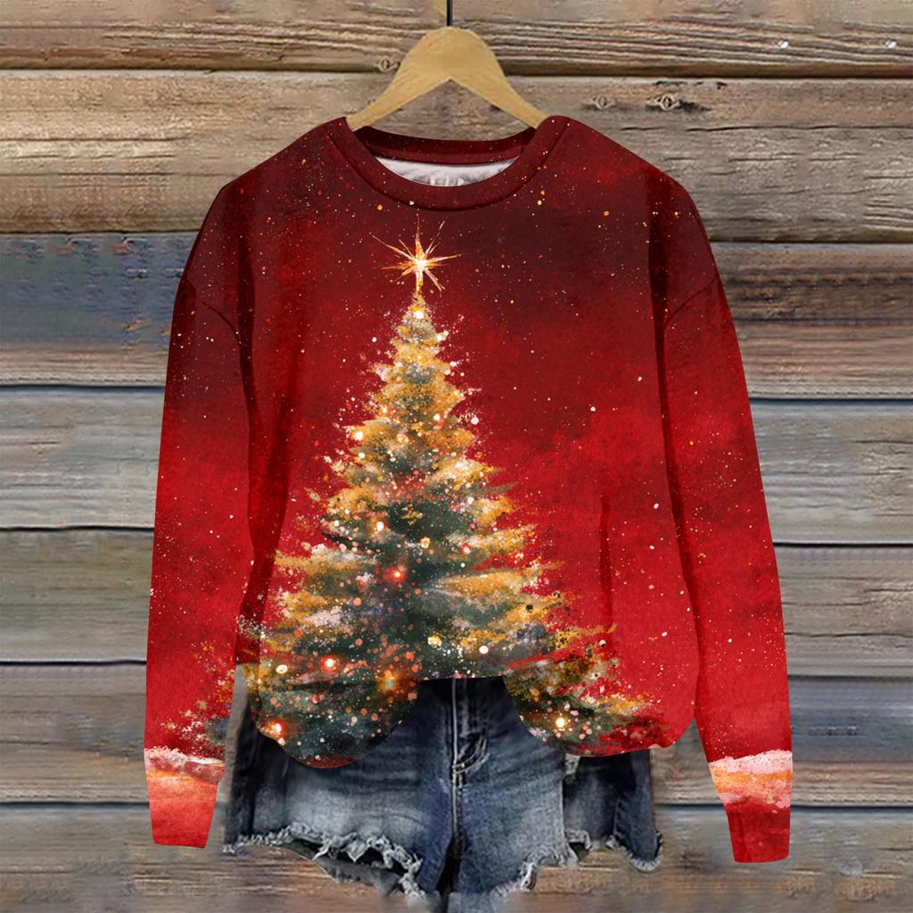 Женская модная рождественская принтованная толстовка с длинным рукавом и круглым вырезом
