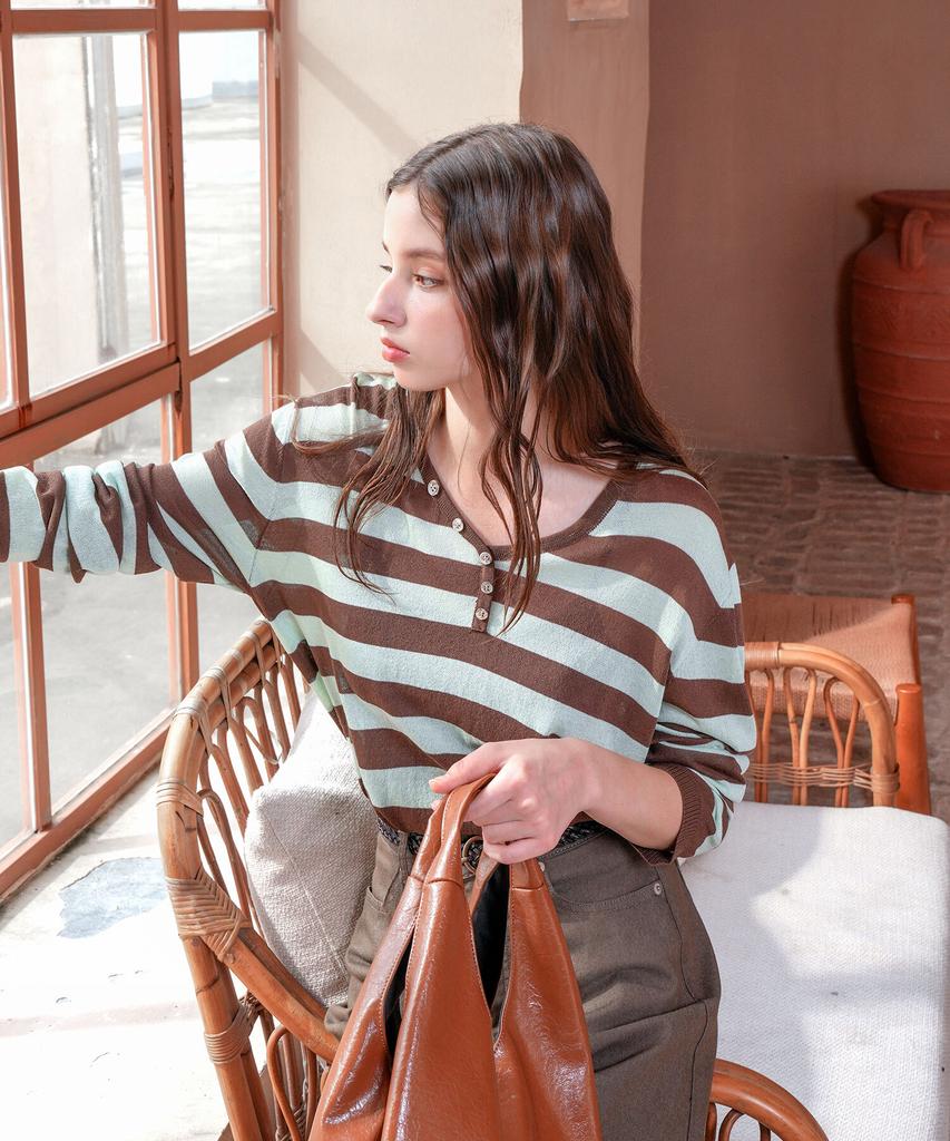 PIGMENT Button V-Neck Striped Knit (Zysw260501)