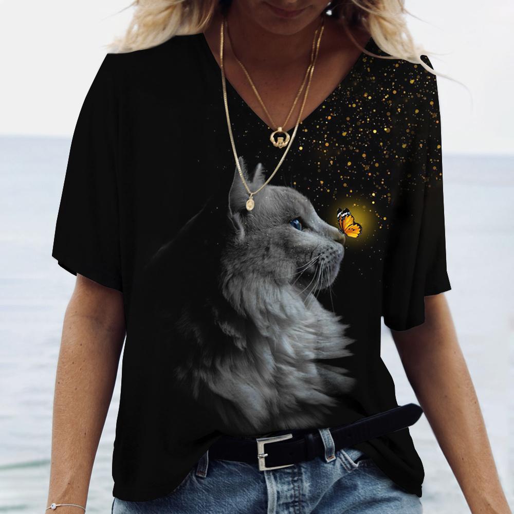 Fashionable Women's T-Shirts Cute Kitten 3D Print Girl Summer Harajuku Loose Casual Clothing Kawaii V-Neck Short Sleeve T-Shirts