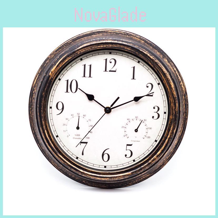 Retro Waterproof Wall Clock With Analog Temperature And Humidity Gauge For Living Room And Bathroom