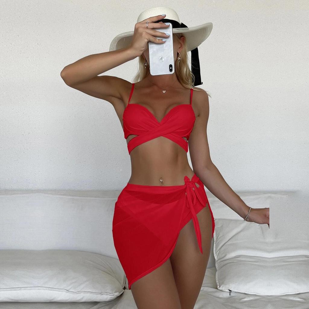 Swimsuit Women's Hard Clad Steel Split Bikini Set Retro Solid Color Hollow Out Swimwear