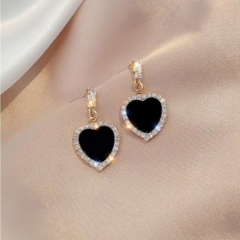 Asymmetric Double Round Stud Earrings  For Women Crystal Black Red Enamel Hollow Geometric Zircon Party Girl's Earrings