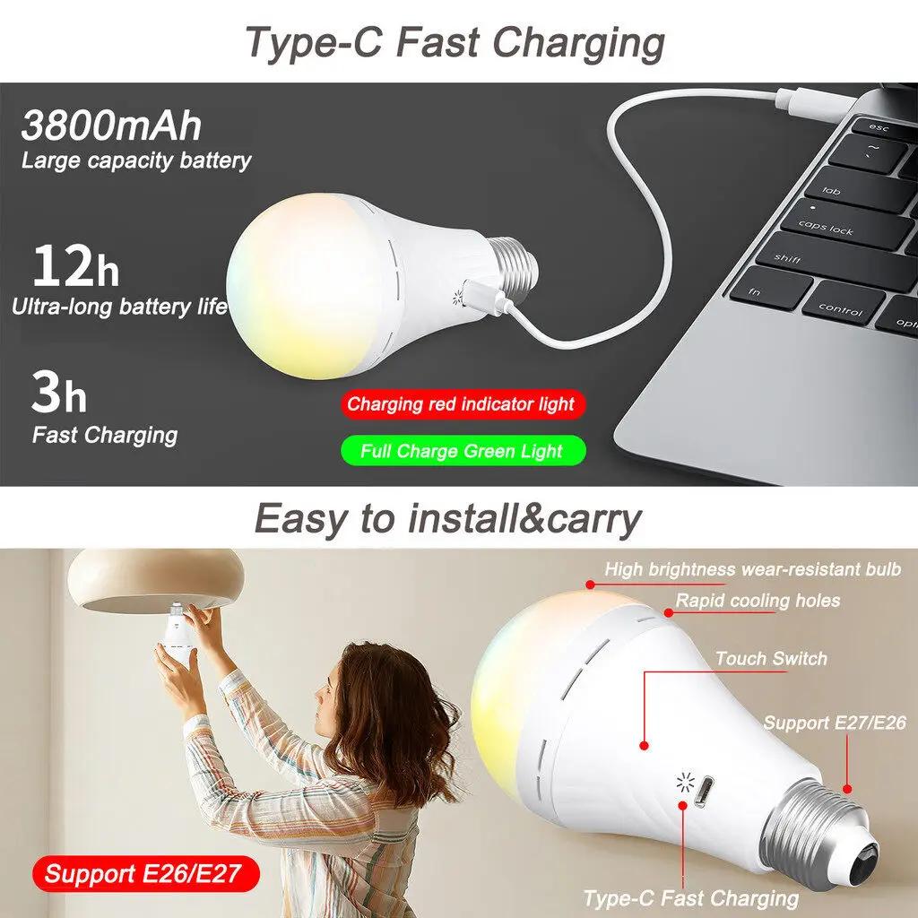 Новая светодиодная лампа 10 Вт, перезаряжаемая через USB C, с пультом дистанционного управления, на батарейках, цоколь E27, сенсорное управление, регулируемая яркость