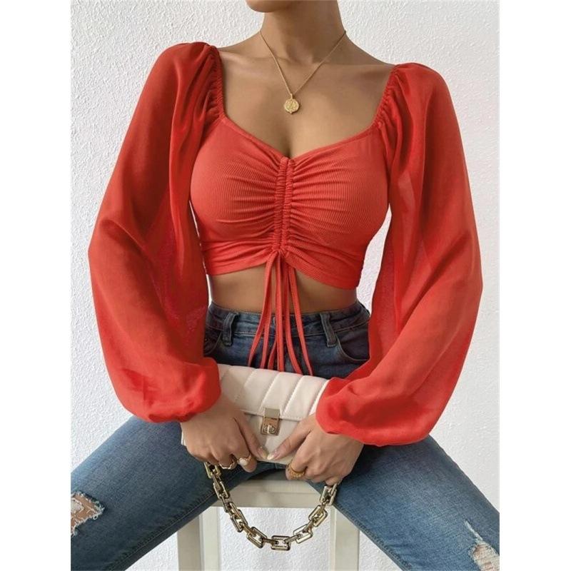 Summer Women's V-Neck Drawstring Lantern Sleeve Tight Fashion Sexy Blouse Top
