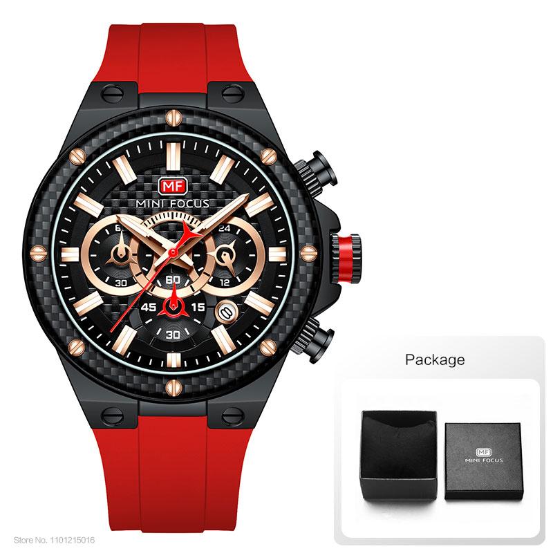 MINI FOCUS Red Sport Watch for Men Fashion Waterproof Silicone Strap Chronograph Quartz Wristwatch with Date Luminous Hands 0468