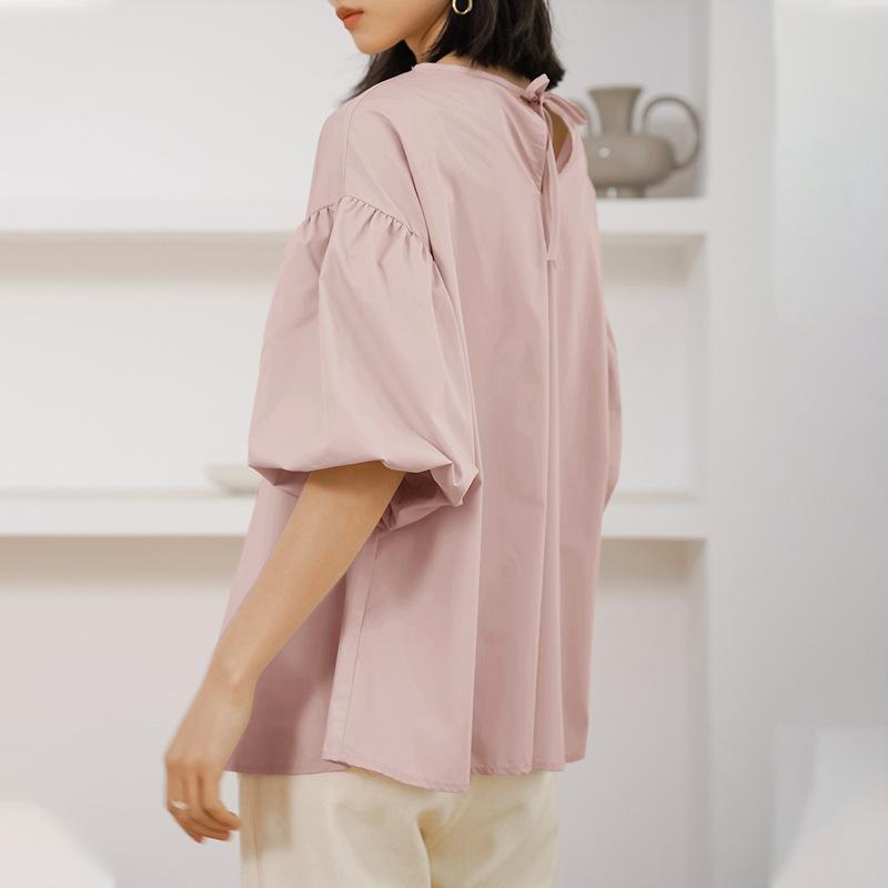 Crew Neck Shirt Women's Japan and Korea Summer Loose Cotton Oversized Lantern Sleeve Top Popular