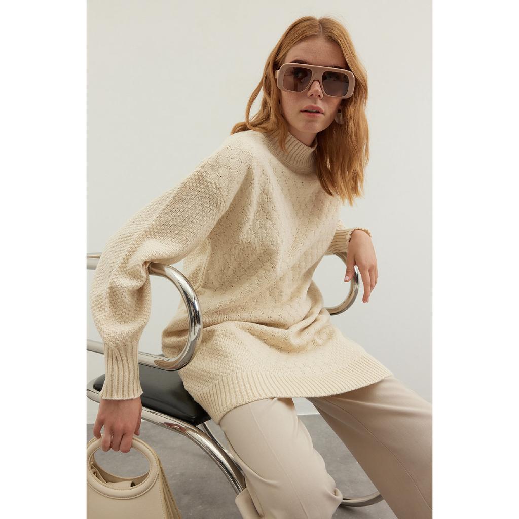 Stone High Collar Honeycomb Pattern Knitted Knitwear Sweater Tctaw24ak00020