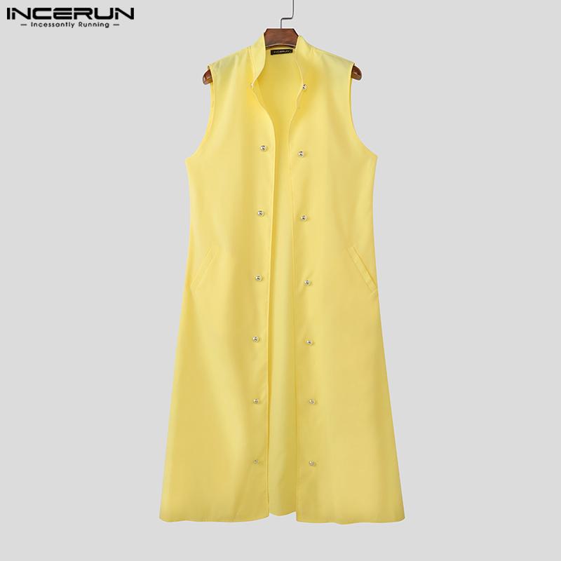 INCERUN Мужской кардиган без рукавов с воротником-стойкой, открытый спереди, с декоративными пуговицами, повседневный, длинный