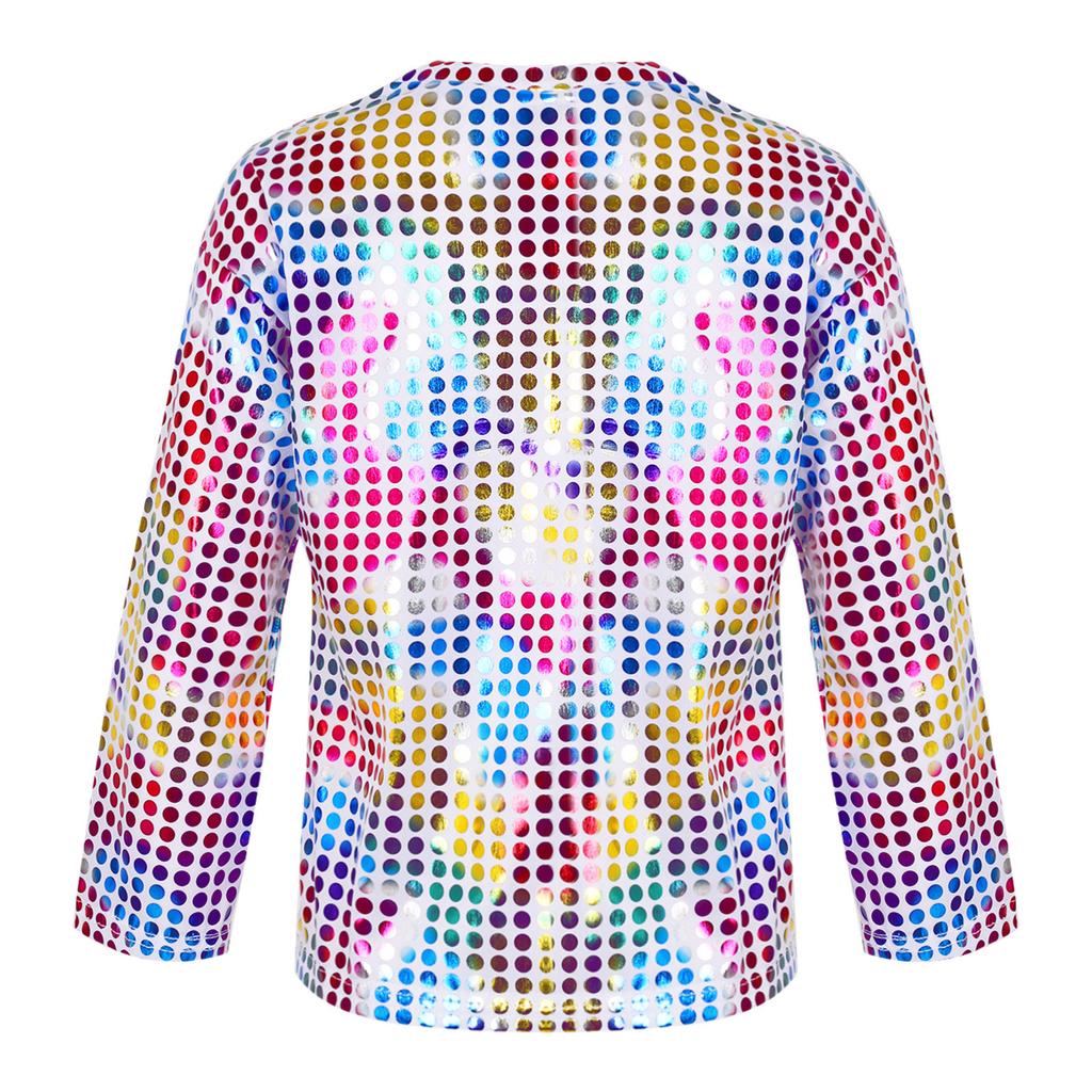 Boys Girls Stage Performance Top Long Sleeve Round Neck Glitter Sequins Solid Color Shirt for Dance Events