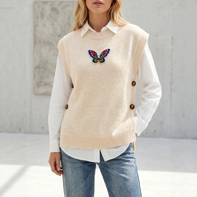 Womens Knit Vest With Sequin Butterfly Appliqu Round Neck Lightweight Casual Sleeveless Top Fall