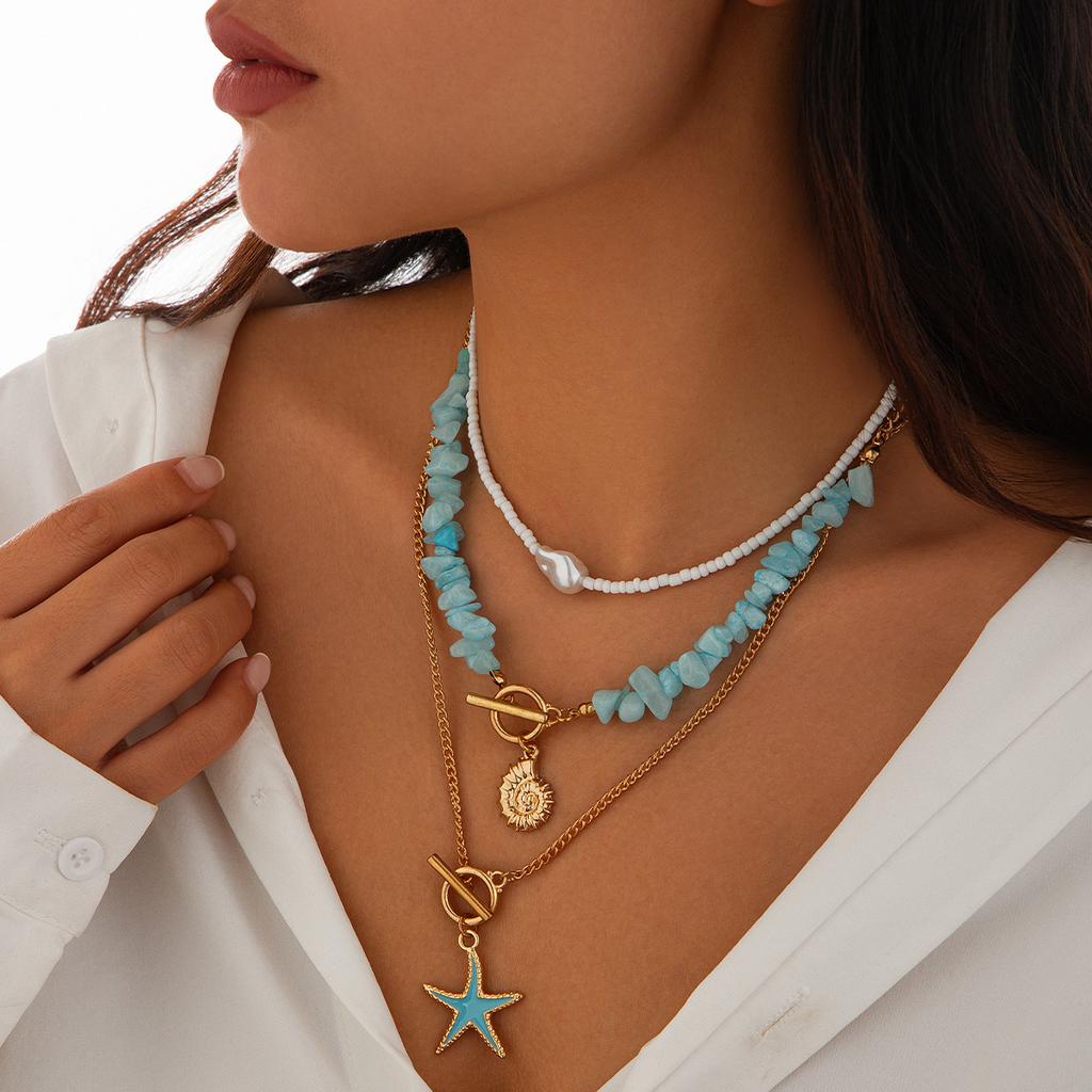 3Pcs/Set Irregular Blue Stone Chain Necklace Women Boho Conch Starfish Pendant Y2K Jewelry Beads Choker