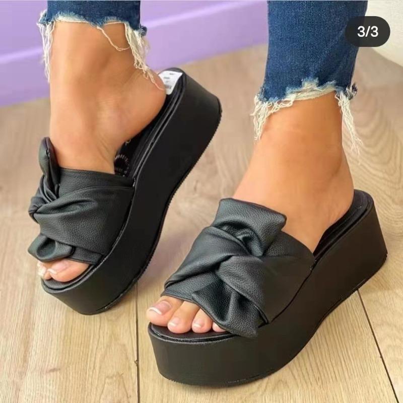 Wish Large Size Solid Color Muffin Bow One-Word Slippers Women's Thick Bottom Outer Wear Beach Sandals