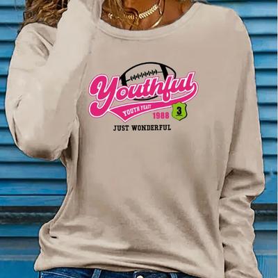 Топы для женщин с принтом алфавита регби, круглым вырезом и длинным рукавом, футболка, осенний повседневный тонкий пуловер, женский топ с длинным рукавом