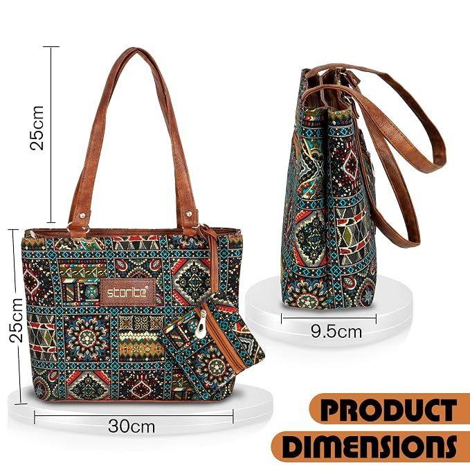 Women's Tote Bag With PU Leather Handles & Embroidery Printed bag With Zip Pockets, Shoulder Tote Bag And Handbag For Office And College