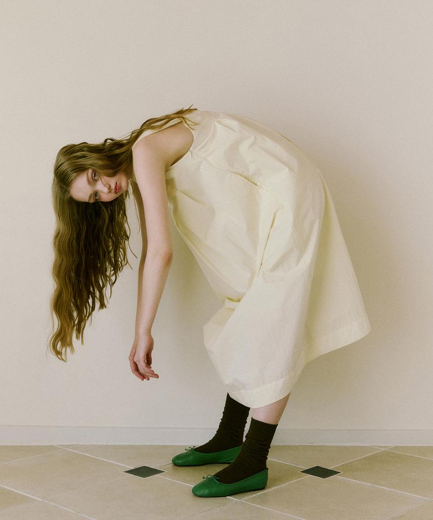 Green Butter Cotton Nylon Pintuck Dress (Cream)