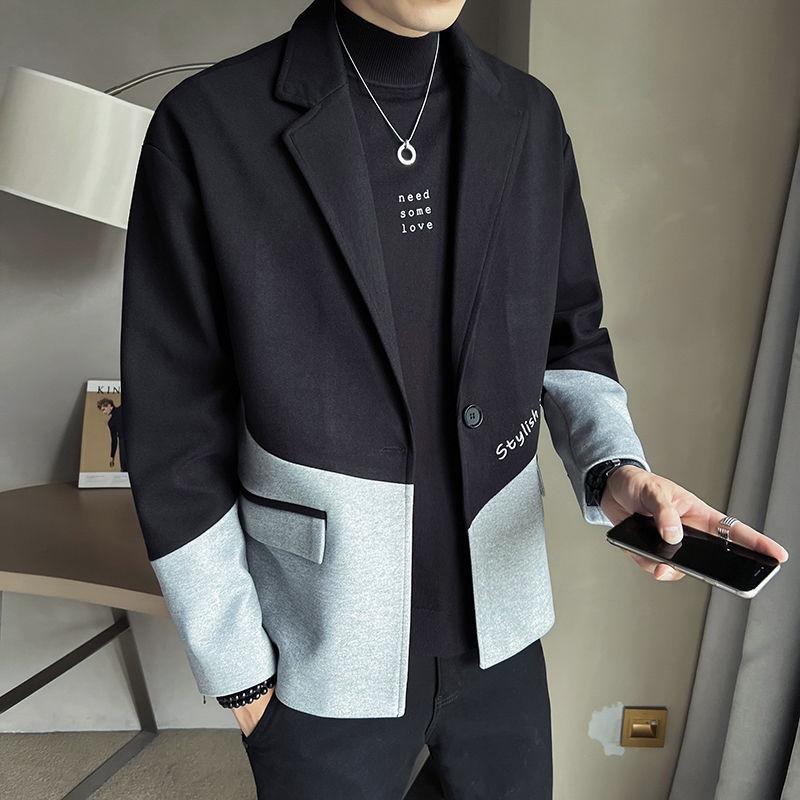 Корейский 2024 Осень Зима Новый Мужской Лоскутный Костюм Воротник на Пуговицах Карман Модный Свободный Минималистичный Повседневный Блейзер с Длинным Рукавом