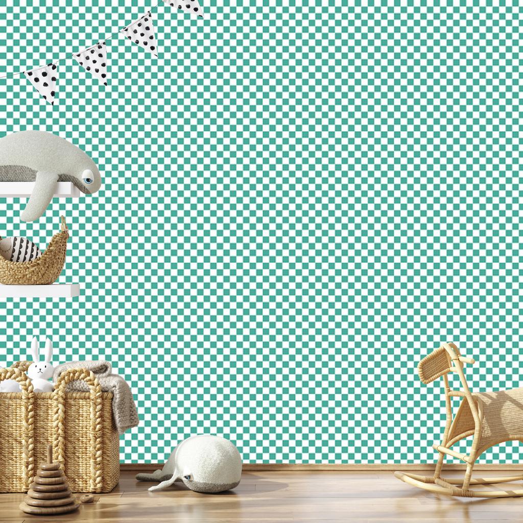 Checkerboard Wallpaper in Navy, Mint and White for Living Room and Bedroom 50x1000