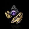Exquisite Ring for Women's Purple Zircon Jewelry Peacock Feather Shape Ring Fashion Black Gold Hollow Ring Wedding Jewelry