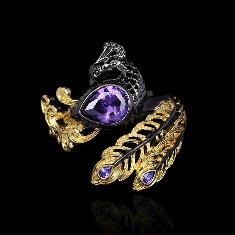 Exquisite Ring for Women's Purple Zircon Jewelry Peacock Feather Shape Ring Fashion Black Gold Hollow Ring Wedding Jewelry