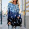 Plus Size Women Autumn Blue Flowers Printed Comfy Long Sleeve Round Collar T-shirt Casual Baggy Mid Length Tee Tops