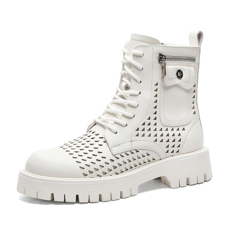 Мужские белые высокие кожаные ботинки 2024 года, новые зимние рабочие ботинки для ходьбы, ботинки на толстой подошве в британском стиле с выемками