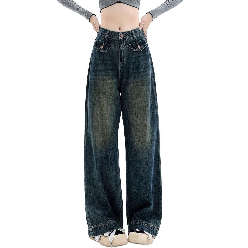Retro Wide-leg Jeans For Women Fall High Waist Slim Loose Design Straight Floor-length Pants