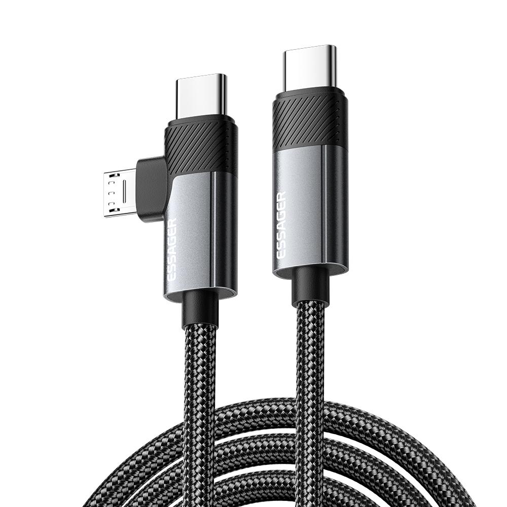 ESSAGER 2m 65W Aluminum Alloy Data Cable 2 in 1 Type-C to Type-C+M Micro Fast Charging Cable