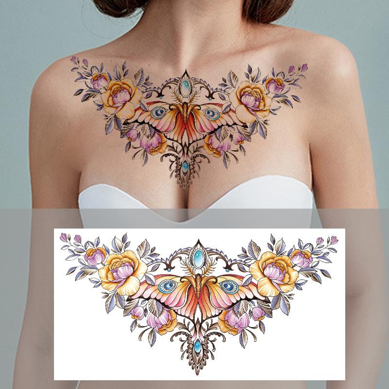 Тату-наклейка на грудь с трехсторонним Буддой и цветком дракона через плечо, новая полудоспешная буквенная тату-наклейка против пота