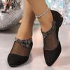 Fashion Low Heel Shoes Summer New Pointed Suede Splicing Mesh Crystal Flowers After Zipper Anti-slip Wear-resistant Low-top Shoes