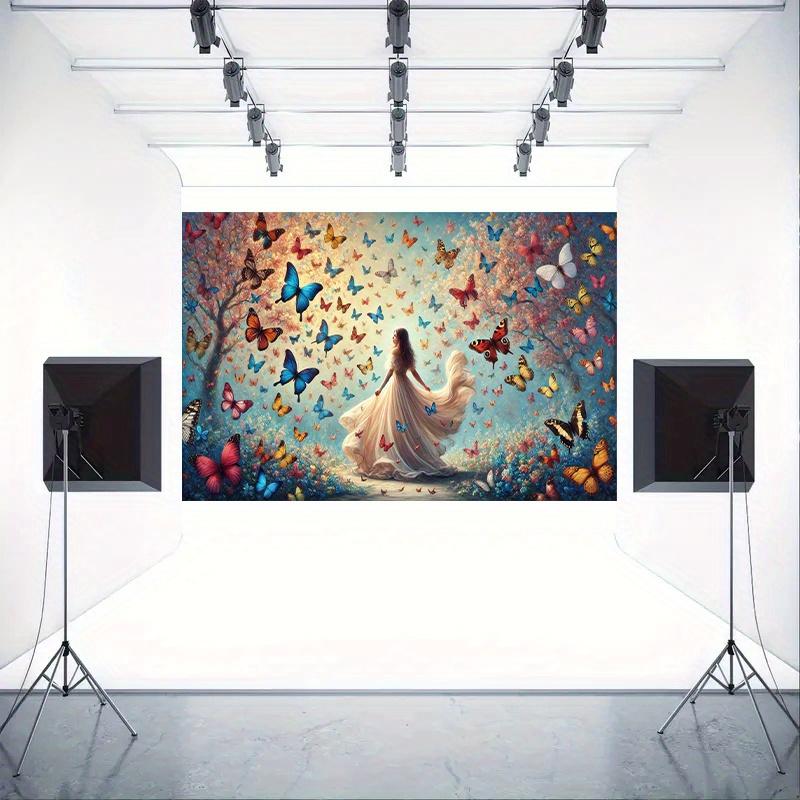 2D plane, one ethereal butterfly girl, solemn garden scene, vibrant butterflies and flowers adorning it