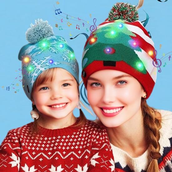 Knitting Hat with LED Lights Santa Claus Deer Christmas Tree Pattern Winter Illuminated Hat Festive Atmosphere Accessory