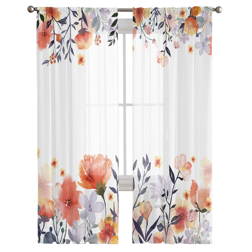 Растения и цветы, ручная роспись, акварель, оранжевый, прозрачная оконная занавеска, тюлевые шторы для гостиной, домашний декор, вуаль, шторы