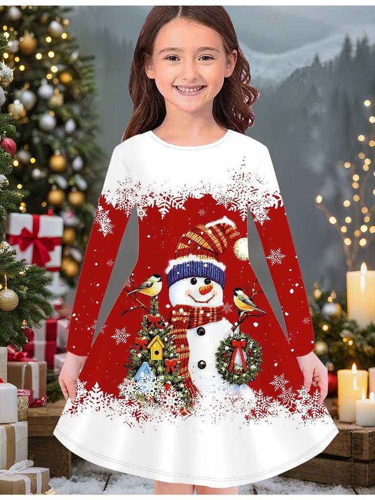 Girls' Autumn and Winter Fashion Dress, 3D Christmas Print Round Neck Long Children's T-shirt Dress, Casual Versatile, Christmas Clothing