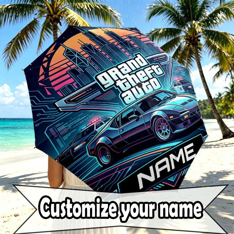 Custom Name Personalized Grand Theft Auto Print Umbrella, Auto Open Close, 8‑Rib Sturdy Frame, Commute Camping Hiking Use, Birthday Gift