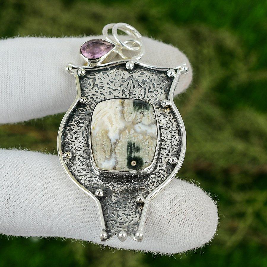 Friendship Day Deal Ocean Jasper Gemstone Pink Topaz 925 Silver Pendant Jewelry