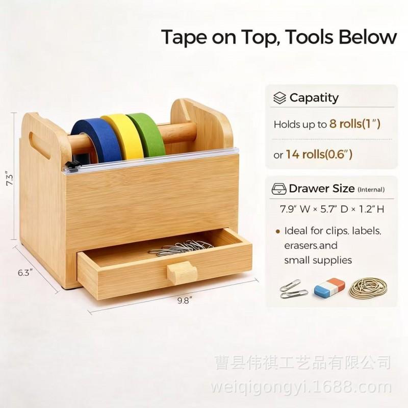 Bamboo Desktop Tape Organizer With Drawer Washi Masking Storage Shelf Journaling Supplies