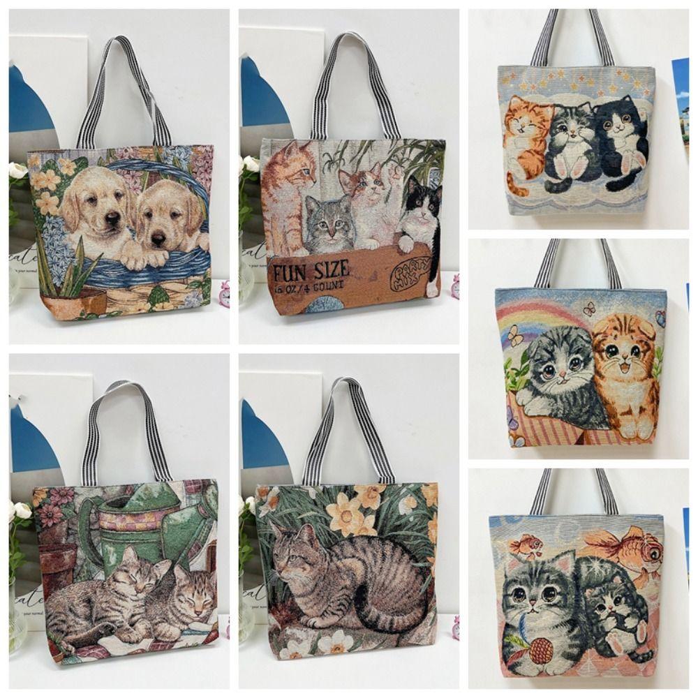 Large Capacity Cute Cat Cloth Bag Dog Animal Shoulder Bag Casual Ethnic Style Handbag Ladies